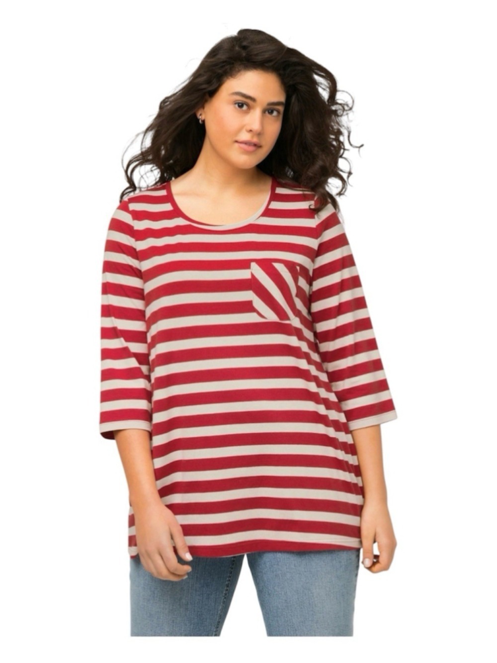 Ulla Popken Striped Parisian Tunic Top 16/18 Plus Women Preppy Red Cream Stretch